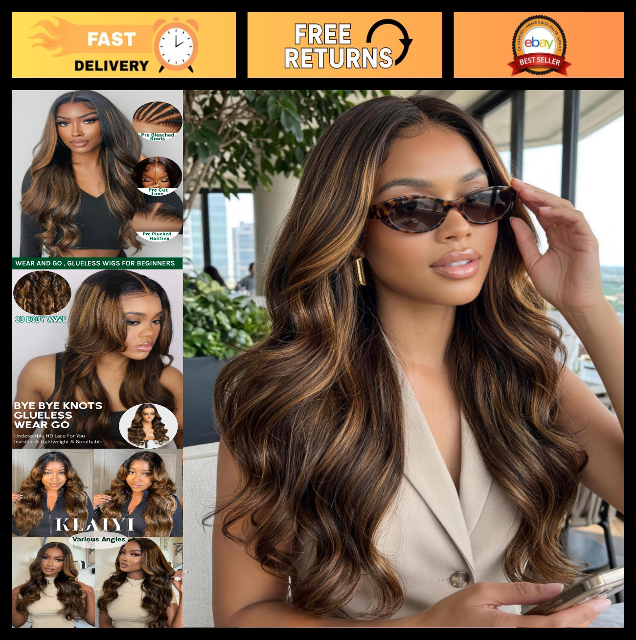 Glueless Ombre Brown Body Wave Lace Front Wig – 18″ Pre Plucked Human Hair, Read