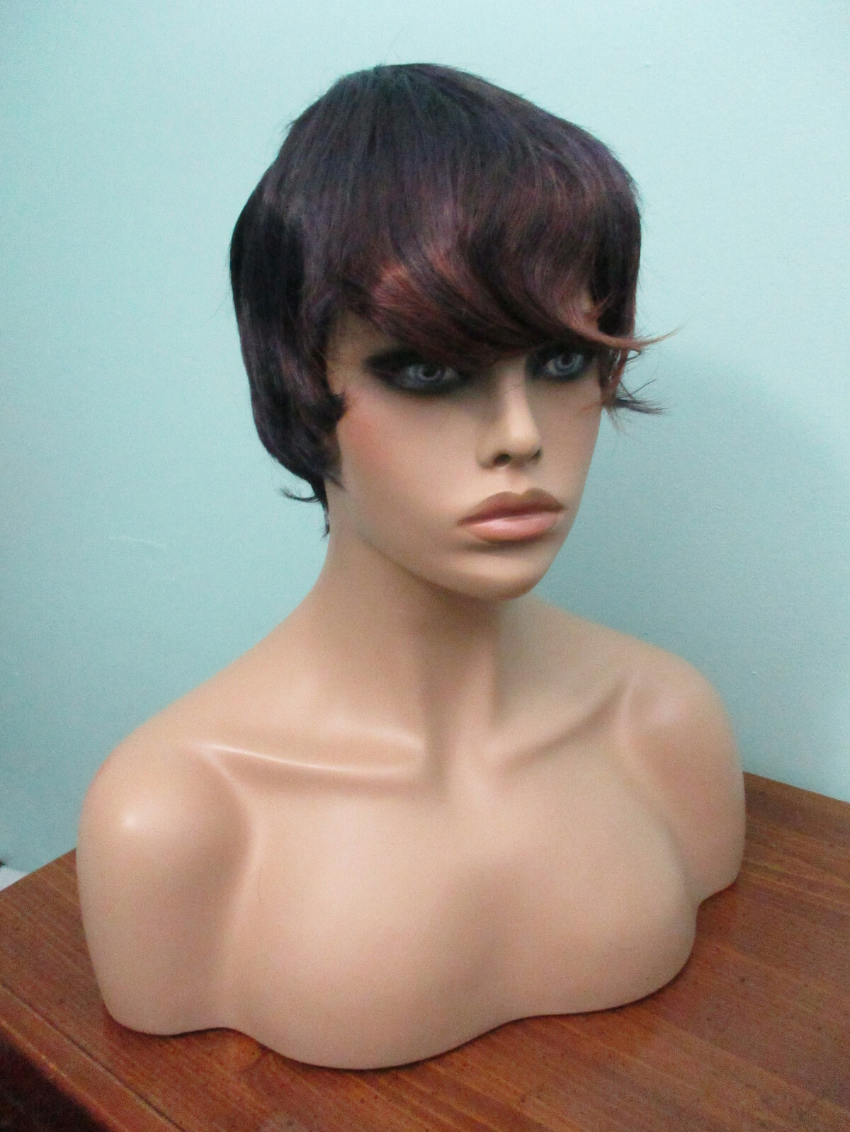 2 – 5″ black purple auburn mix short cropped shag MOD style WIG