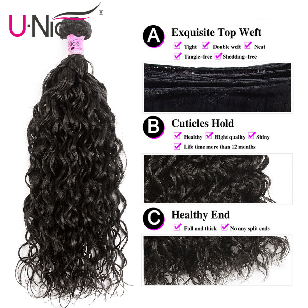 UNice Indian Water Wave 2 Bundles Human Hair Extensions with Lace Closure Weaves