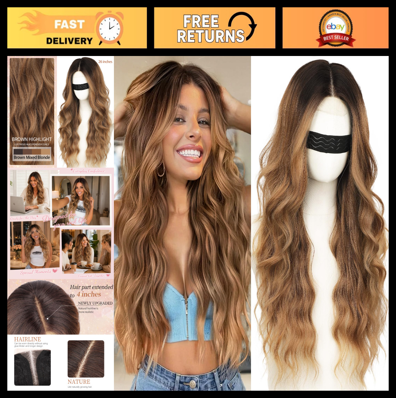 26In Long Wavy Wig – Brown & Blonde Mixed, Heat-Resistant, Natural Hairline, Mid