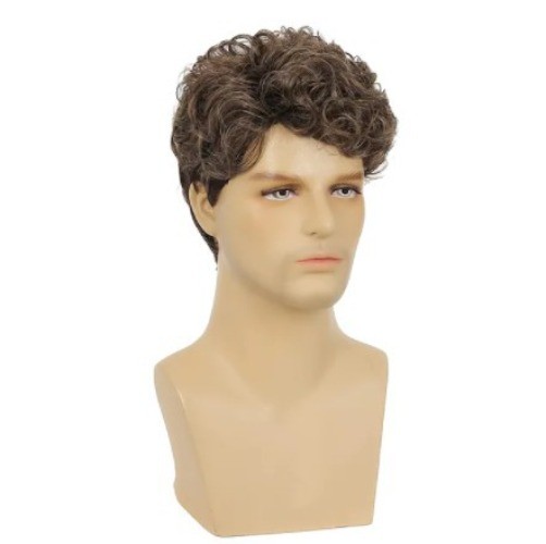 Men’s Wig Short Golden Brown Synthetic Hair Wig Men’s Puffy Wigs+Wig Cap