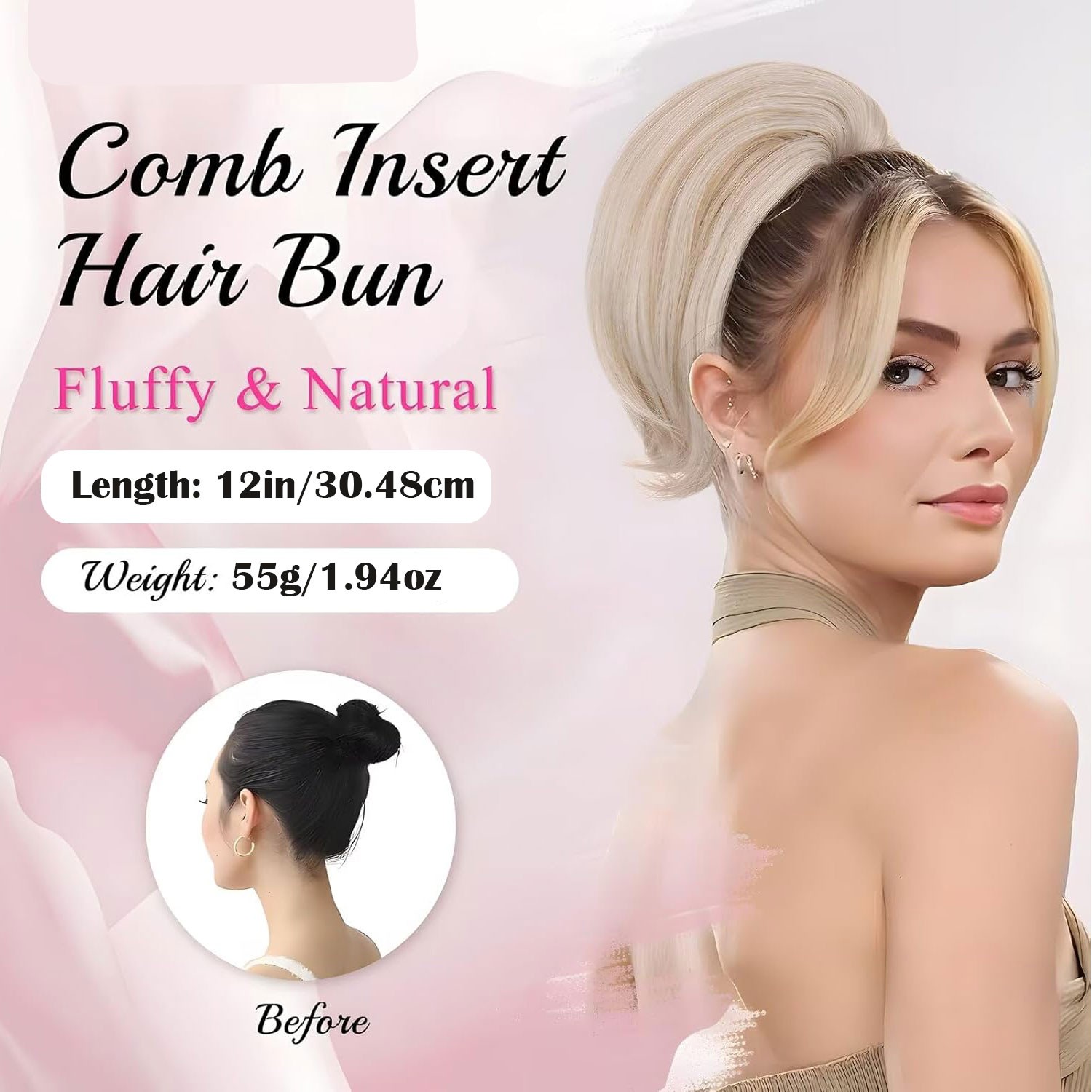 Long Comb Clip Hepburn Bun Hair Extensions Drawstring Ponytail Updo Hairpiece US