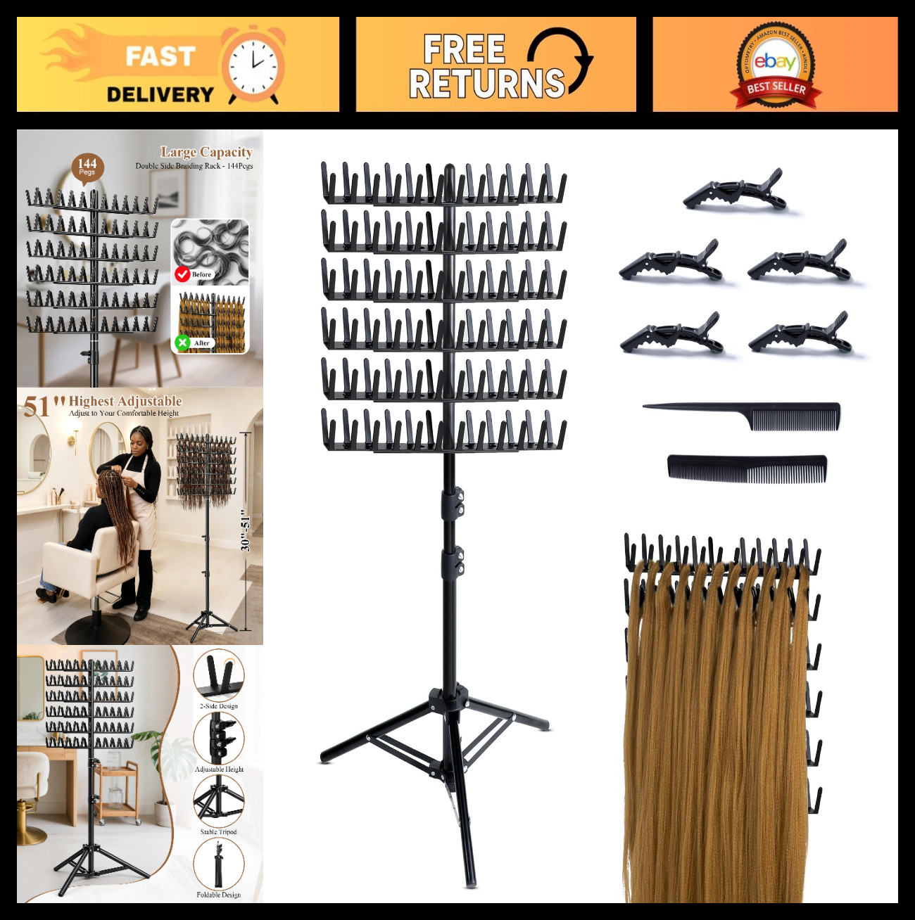 Braiding Hair Rack Stand with 144 Pegs – Extension Holder & Divider Display