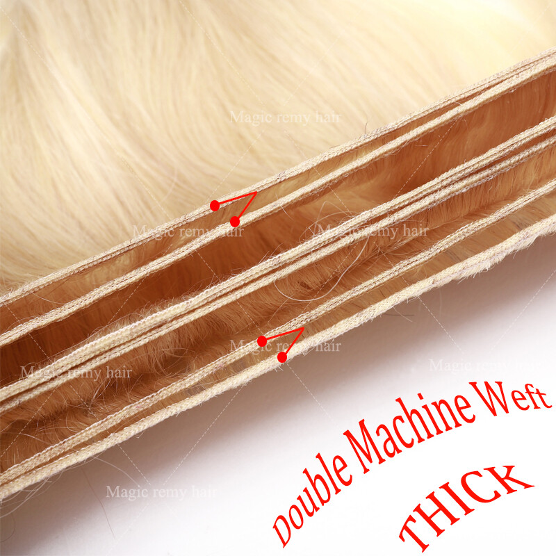 Blonde Virgin REMY Human Hair Extensions Doubel Weft Weave 100-300g with closure