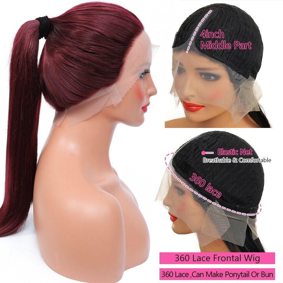 13x4Transparent LaceWigs Synthetic Straight Burgundy Wig Pre Pluck HeatResistant