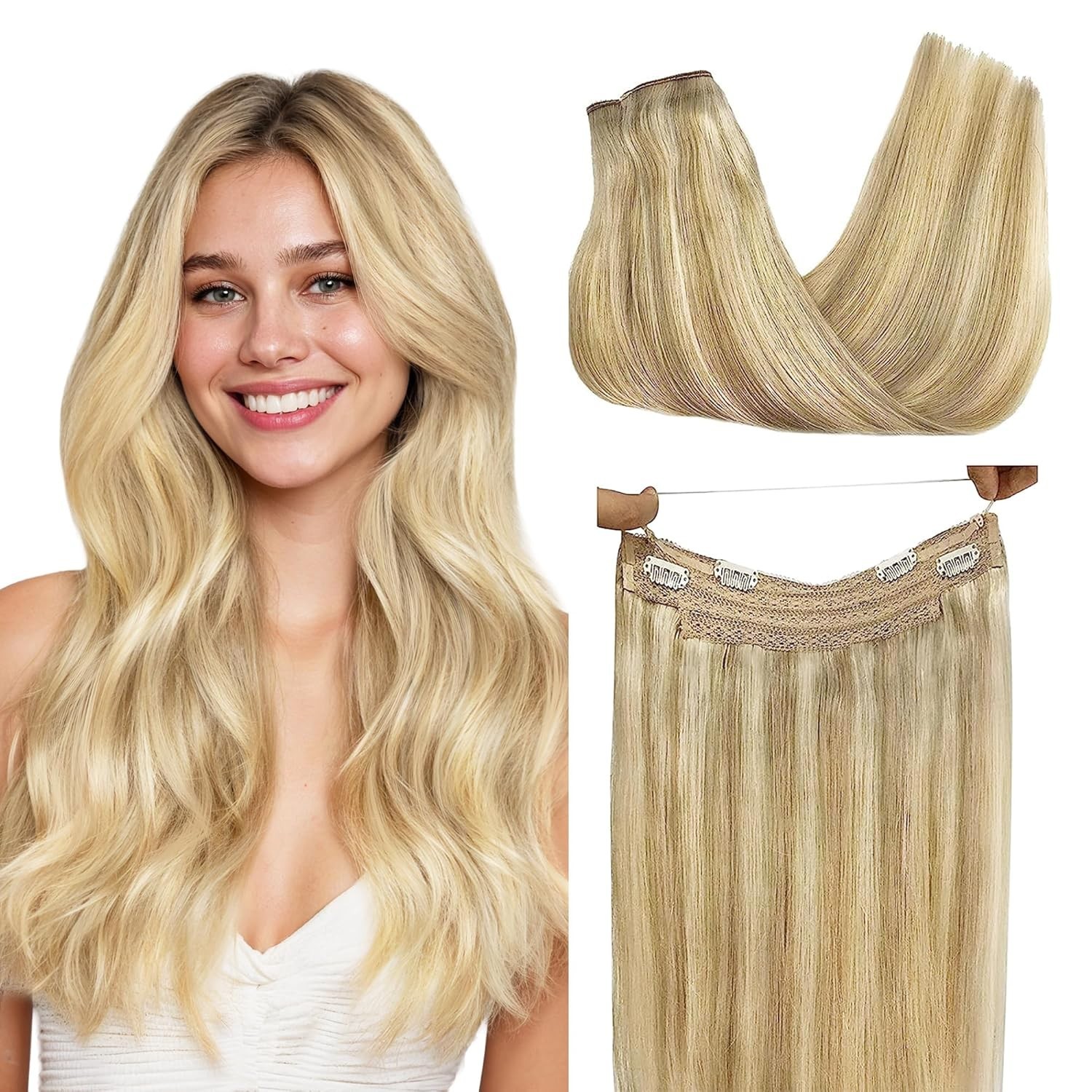 Wire Hair Extensions Human Hair, 16/22 Light Blondewith mix Golden Blonde Hig…