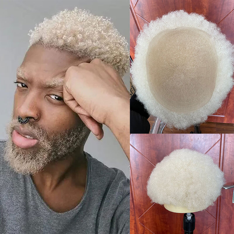 Mens Full Lace Toupee Wigs Human Hair Curly Man 8x10inch Afro Curl Toupee BLONDE