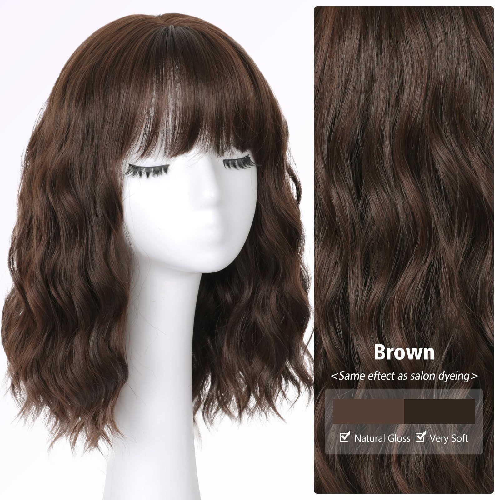 Water Wave Short Curly Wig with Bangs Heat Resistant Synthetic Full Wig for