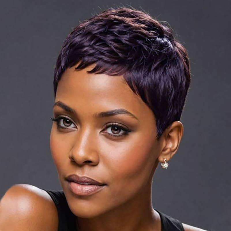 Natural Looking Short Pixie Wig with Face-Framing Bangs, Adjustable Straps