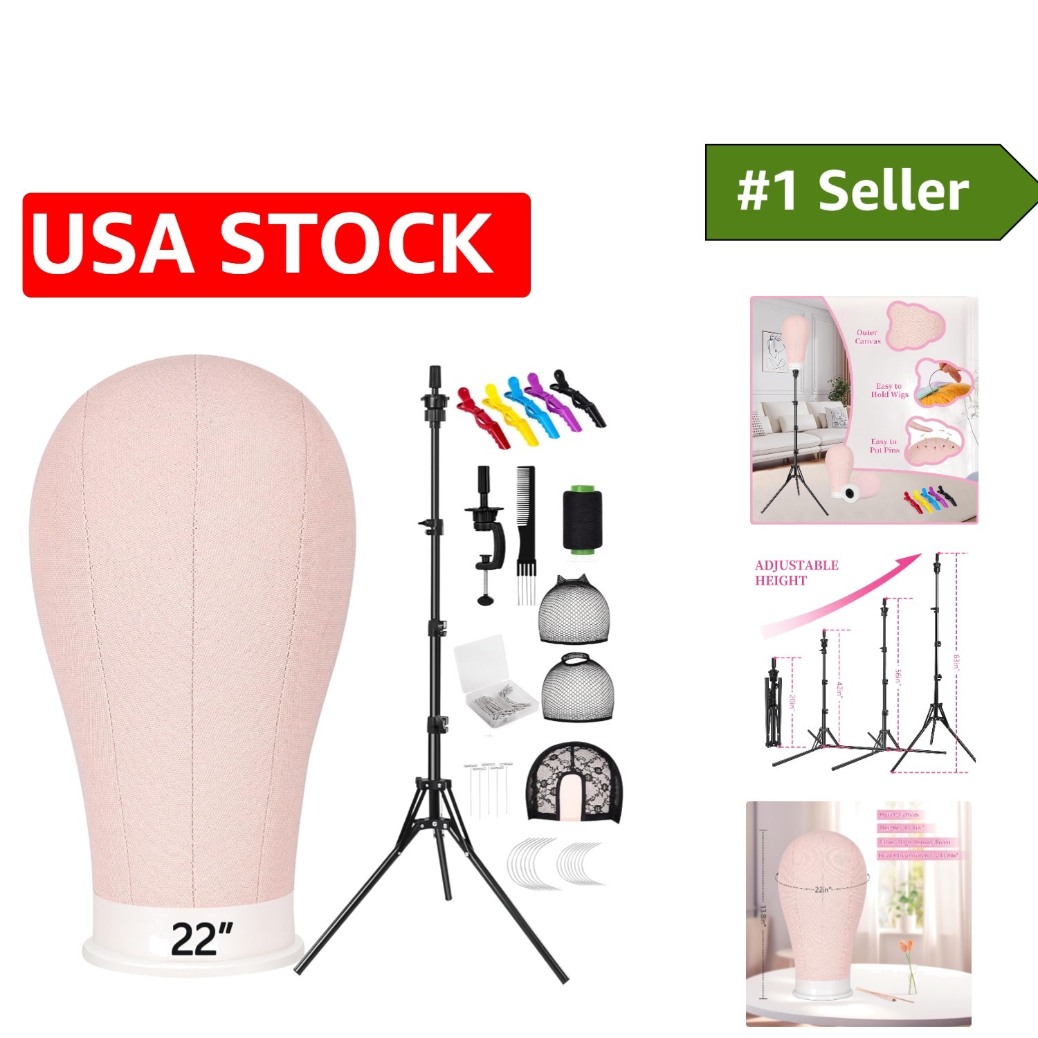 Professional 22In Wig Stand with 63In Adjustable Tripod – Pink Display Head