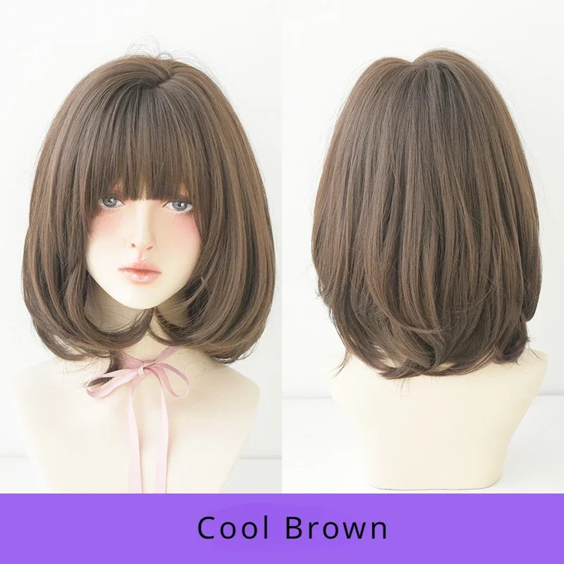 7JHH Short Chocolate Bob Wig Synthetic Straight Layered Wig with Bangs