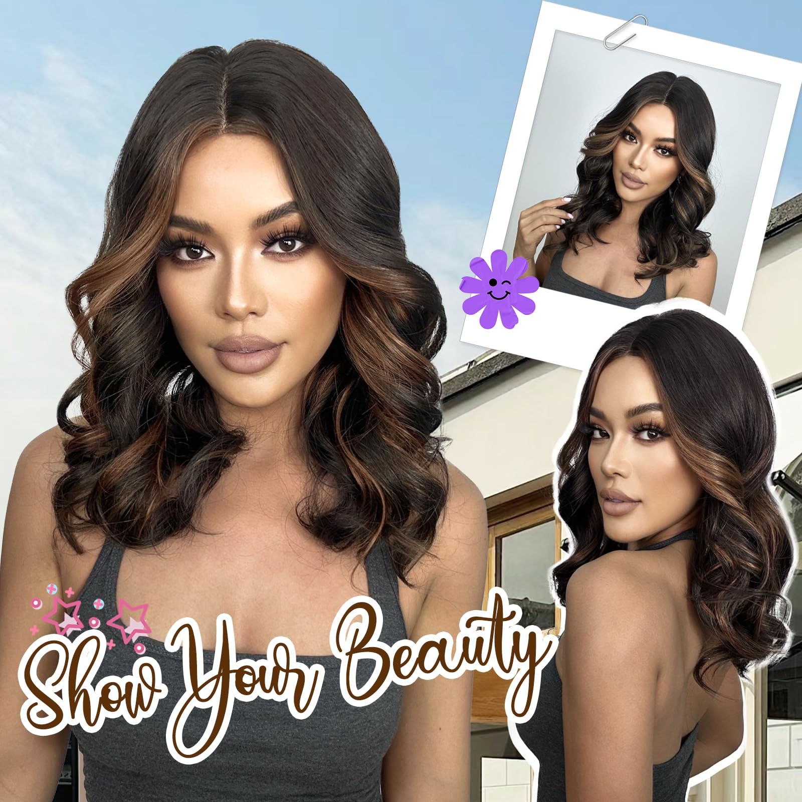 Dark Brown Hightlight Wigs for Women 18 Inch Middle Part Medium Length Short …