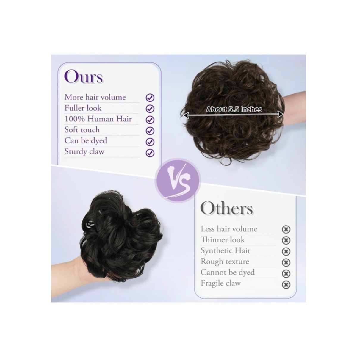 Large Brunette Messy Bun Hair Piece Claw Clip 100% Human Hair Wavy Chignon Brown