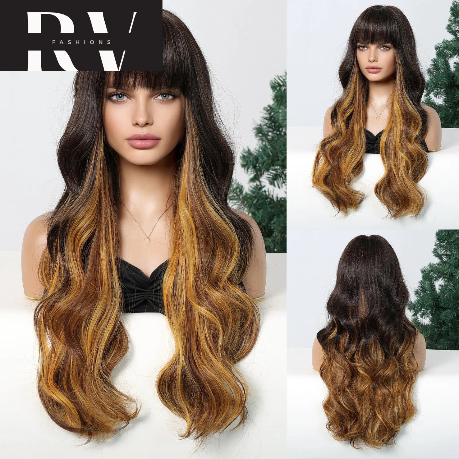 Women’s Brown Blonde Highlight Long Layered Natural Wavy Wigs Mixed Brown Hair
