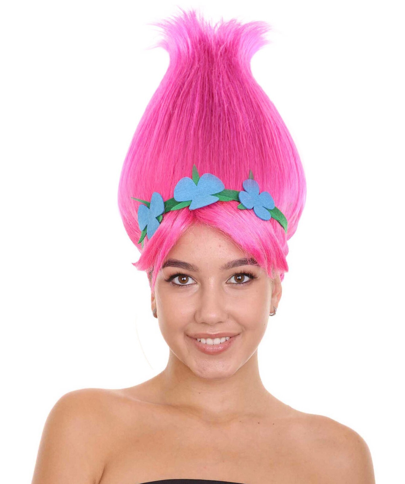 HPO Princess Poppy Troll Wig | Pink Pointy Wig With Green And Blue Felt Flower