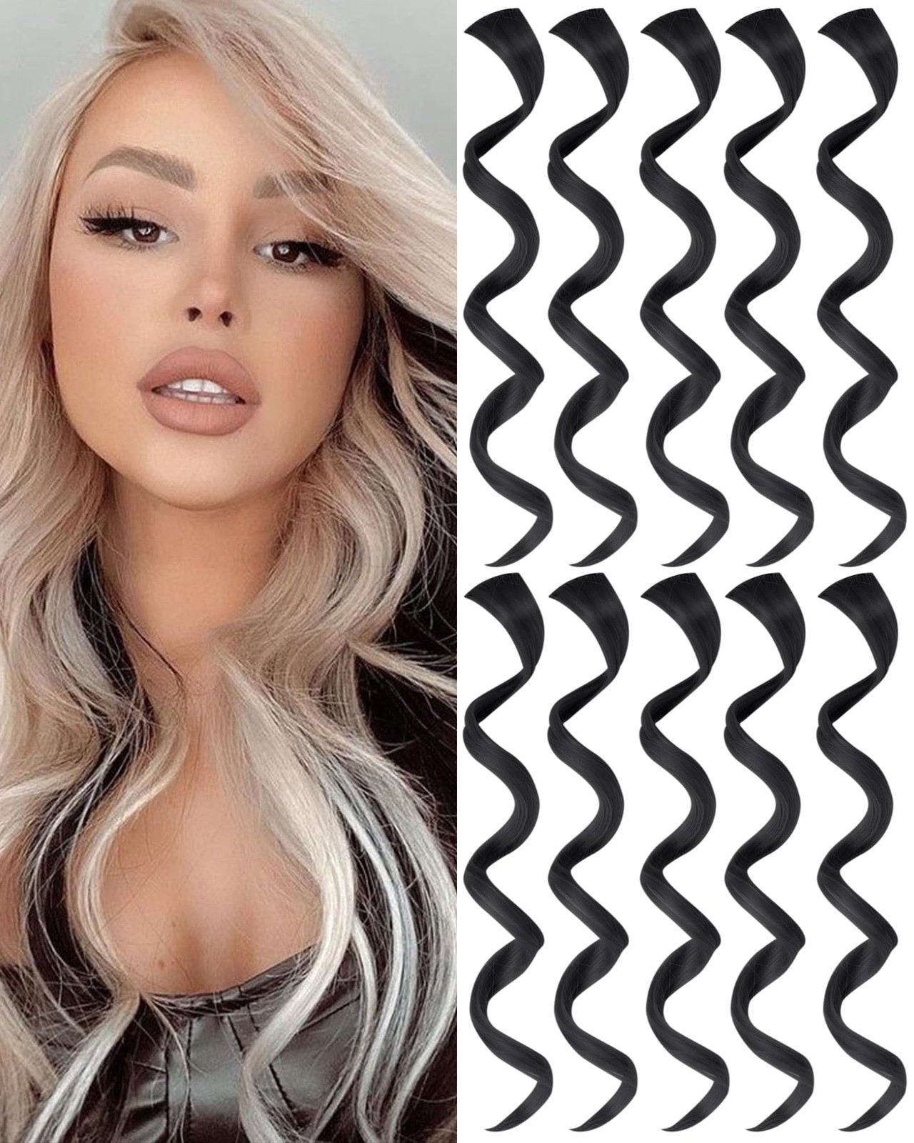 10 PCS Black Curly Wavy Clip-in Synthetic Hair Extensions, Rainbow Neon Party…