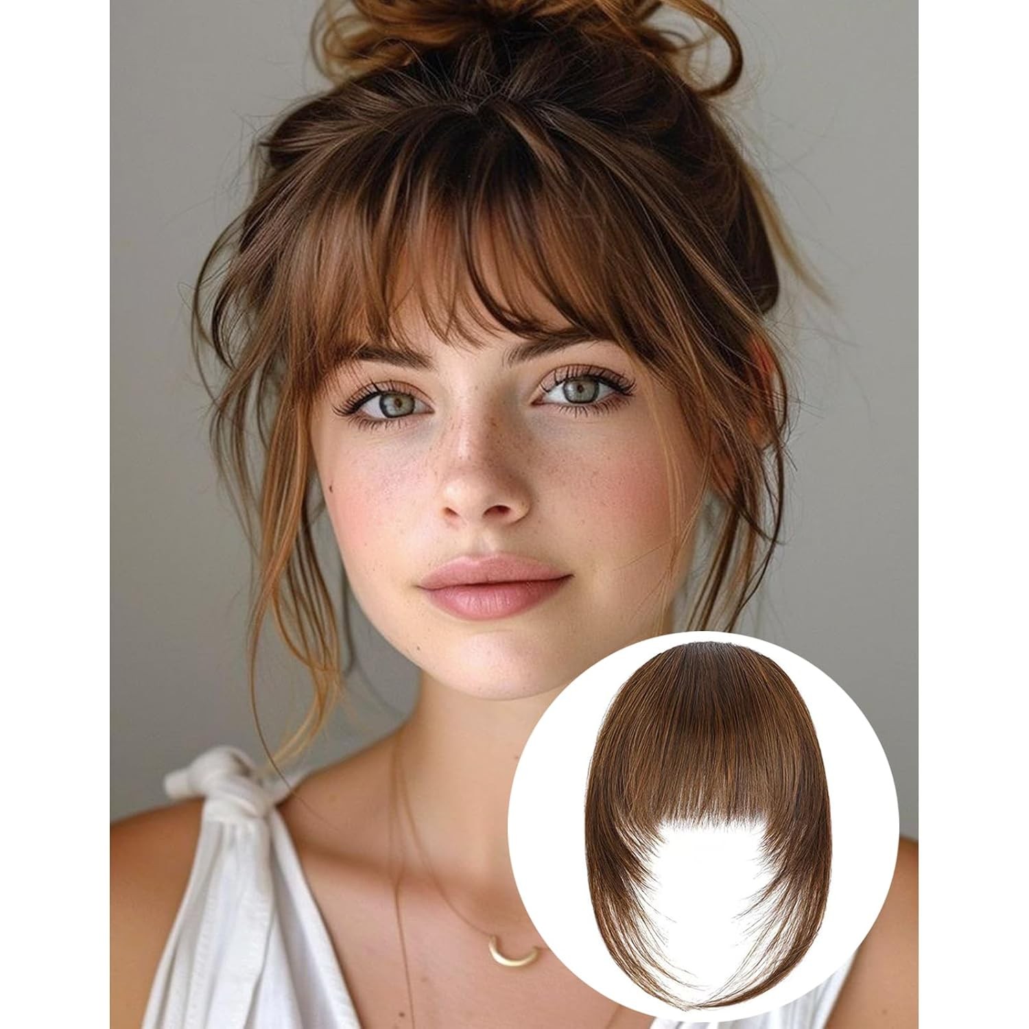 French Bangs Hair Clip on, Medium Brown Long Wispy Bangs with Temples Natural Fr