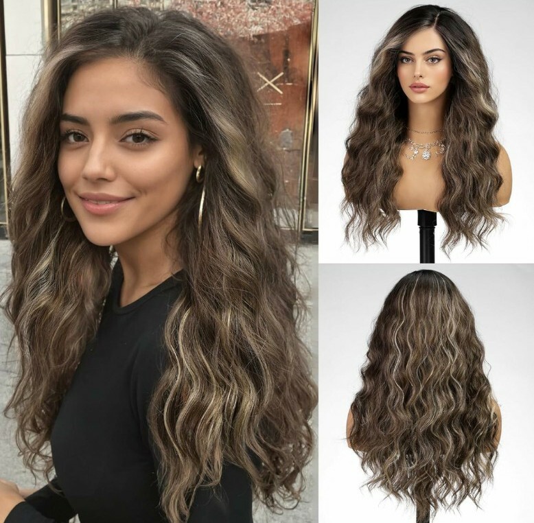 HD Lace Front Wig Natural Light Medium Brown Ombre Wavy Heat Resistant 24 In