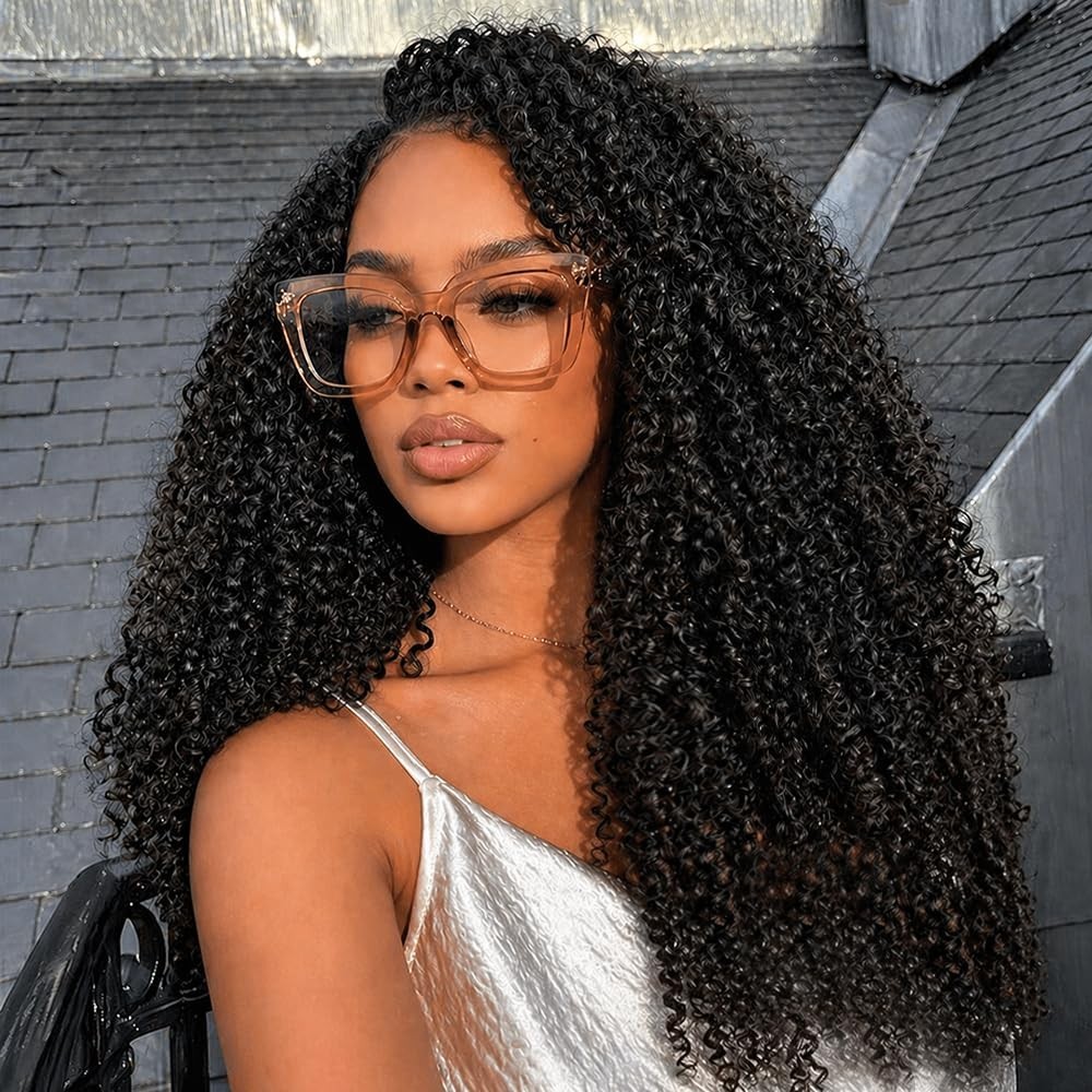 24″ 250% Density Kinky Curly Half Wig – Human Hair, 3-in-1 Drawstring, Glueless,