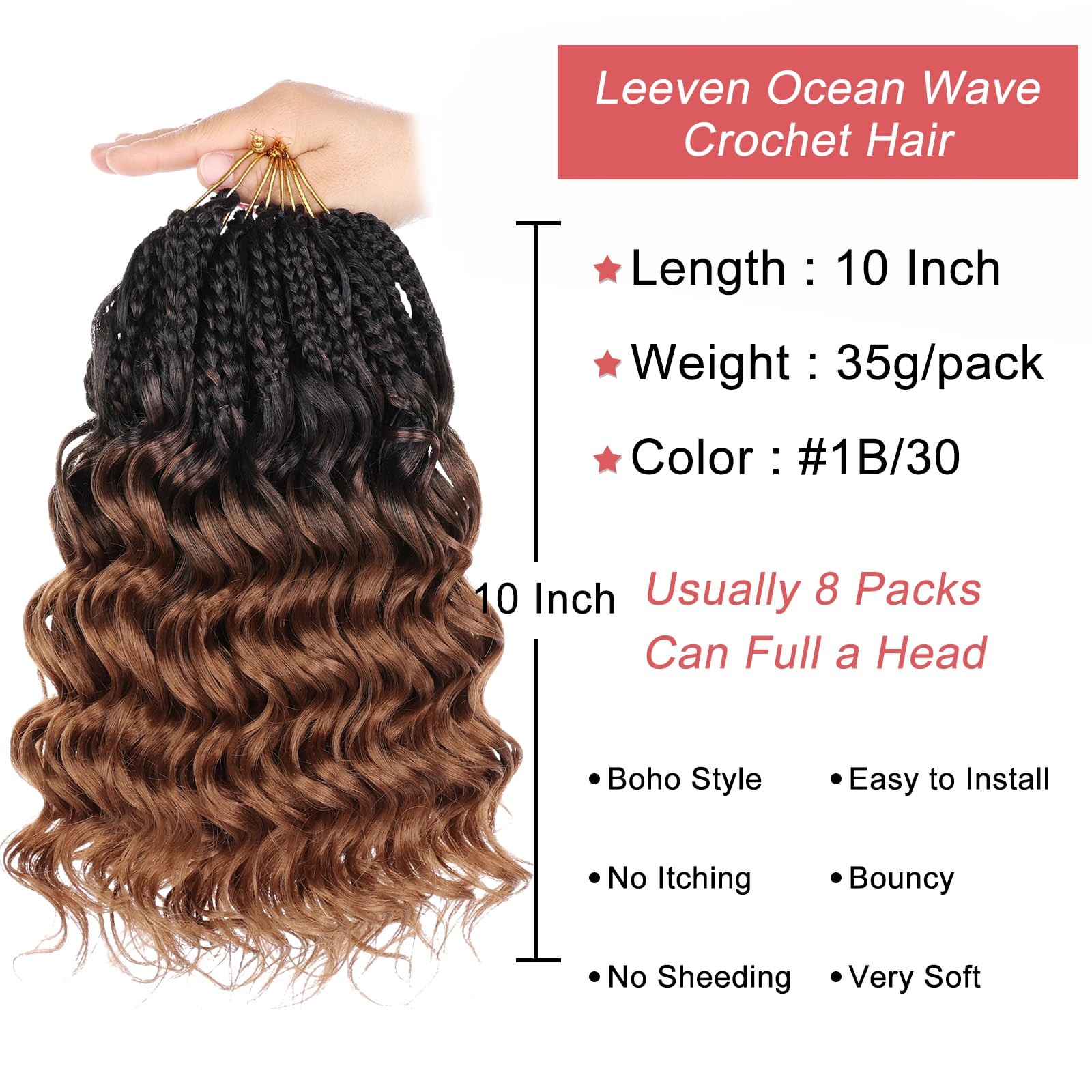 10 Inch 8 Packs Curly Crochet Hair Pre Looped Boho Ocean Wave Crochet Hair Bl…