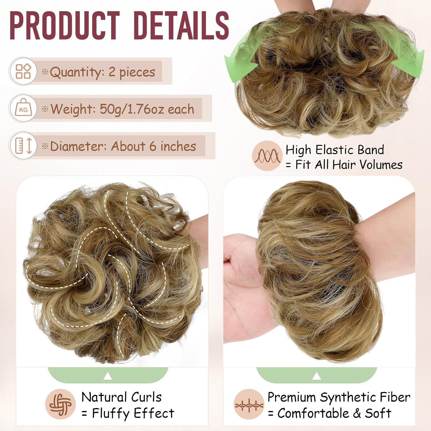 2 PCS Messy Bun Hair Piece Wavy Curly Scrunchies Synthetic Chignon Ponytail Hair