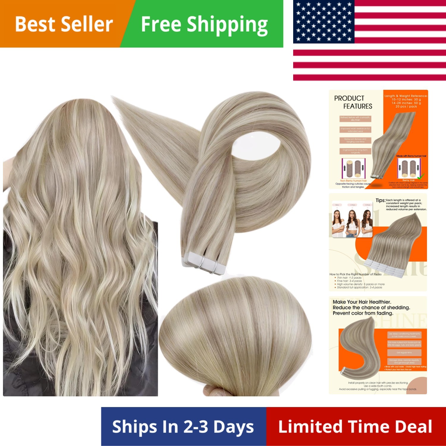 Tape in Hair Extensions Human Hair 18 Highlight 613 Blonde Tape Ins Human Hai…