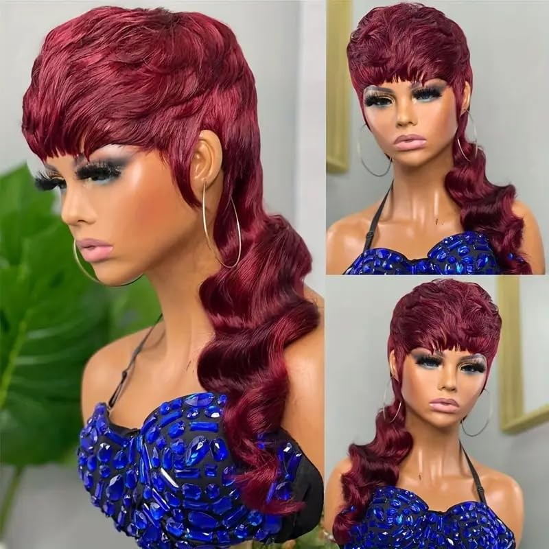 SAEIALL Mullet Wig for Black Women Human Hair Pixie Cut Wig Long Body Wave Mulle