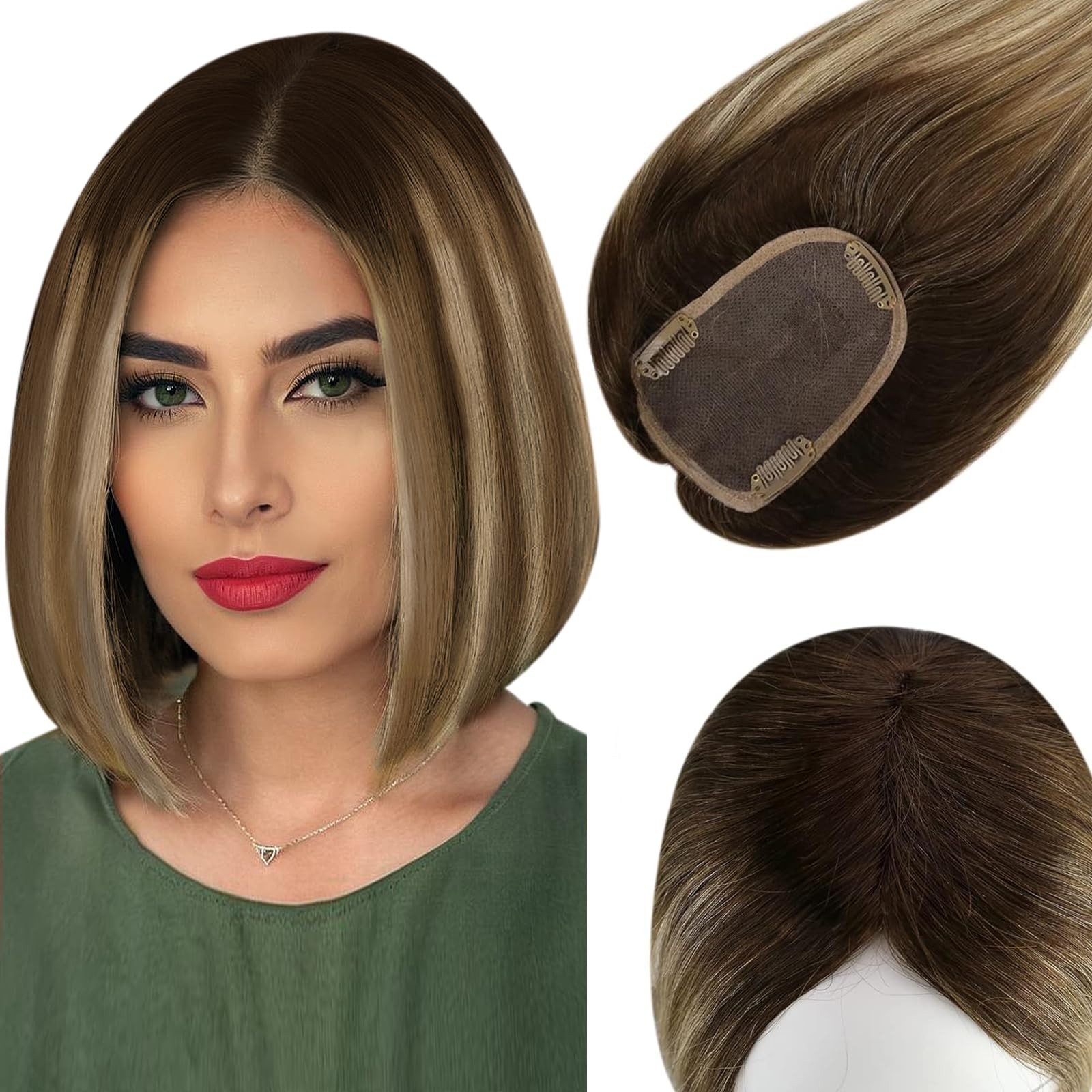Full Shine Brown Hidden Crown Hair Extensions Fading To Blonde Highlight Top