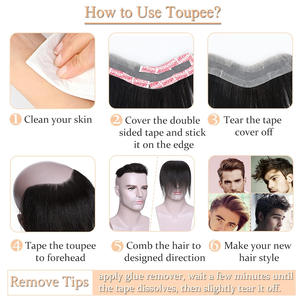 Mens Toupee Human Hair Replacement System V-loop Super Thin PU Skin Hairpiece US