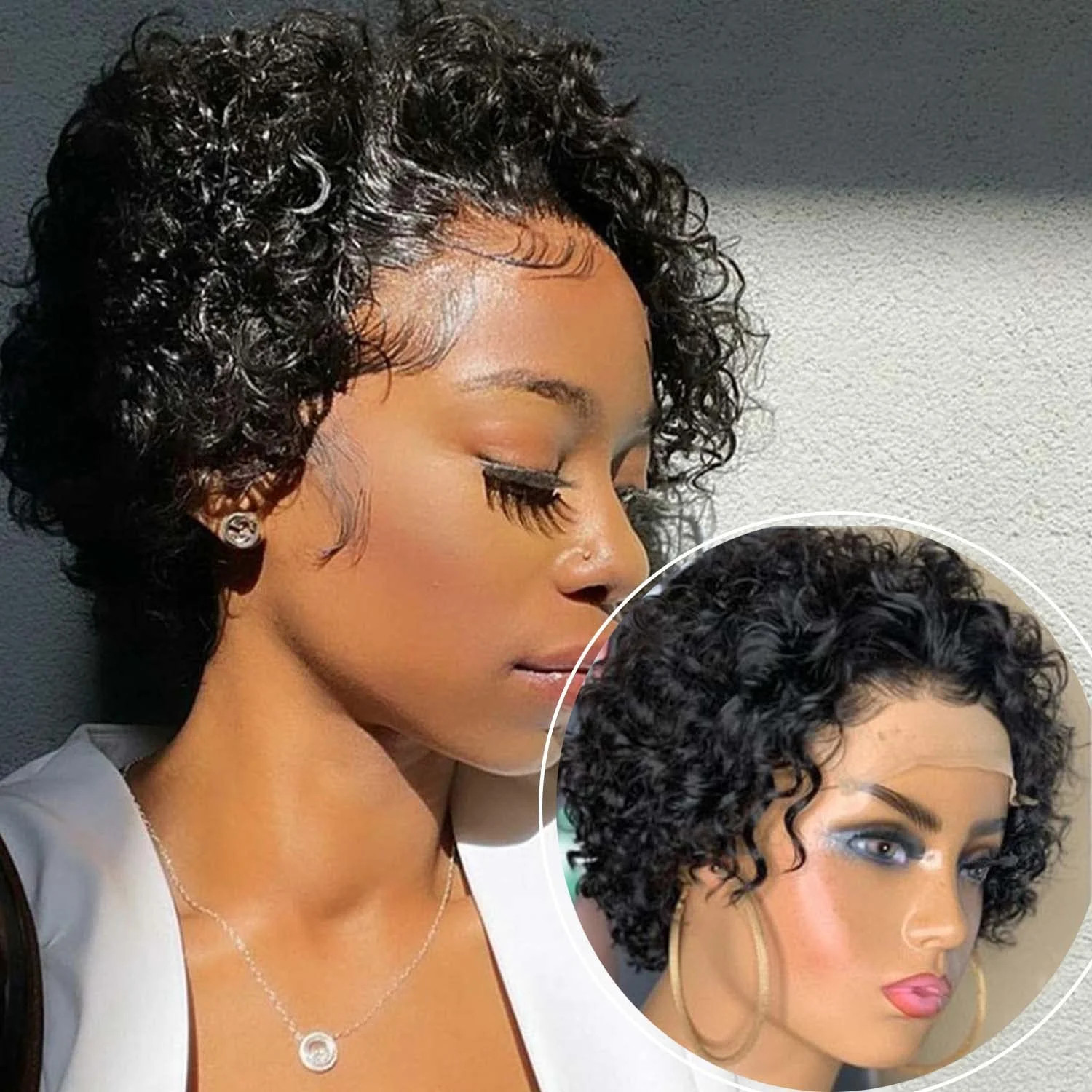 INSTASTYLE Short Curly Pixie Cut Lace Front Wigs 6 inch, 13X1 Human Hair HD Lace