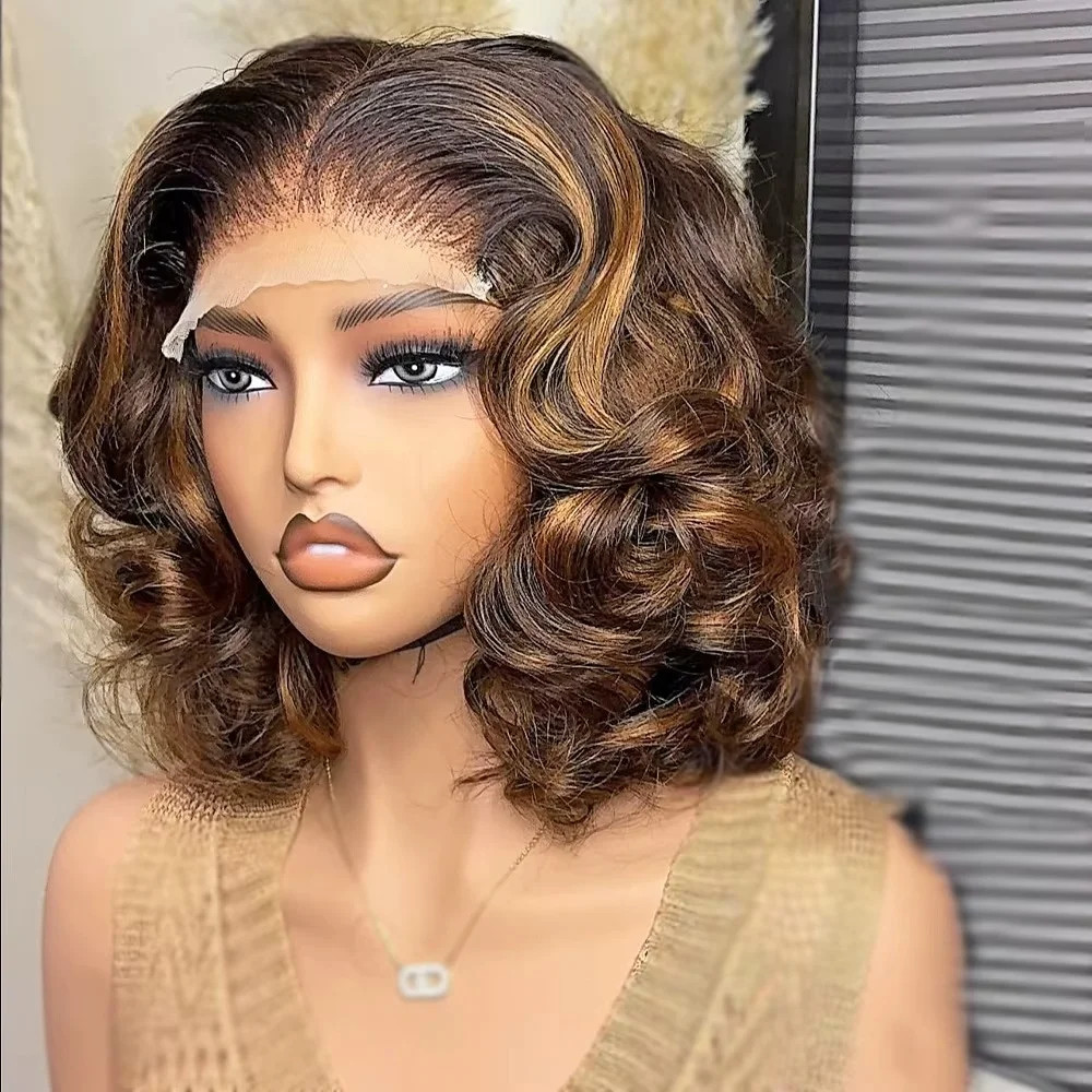 Body Wave 4/27 Color Short Bob Wig Ombre Highlight 13X4 Lace Frontal Wigs Brown