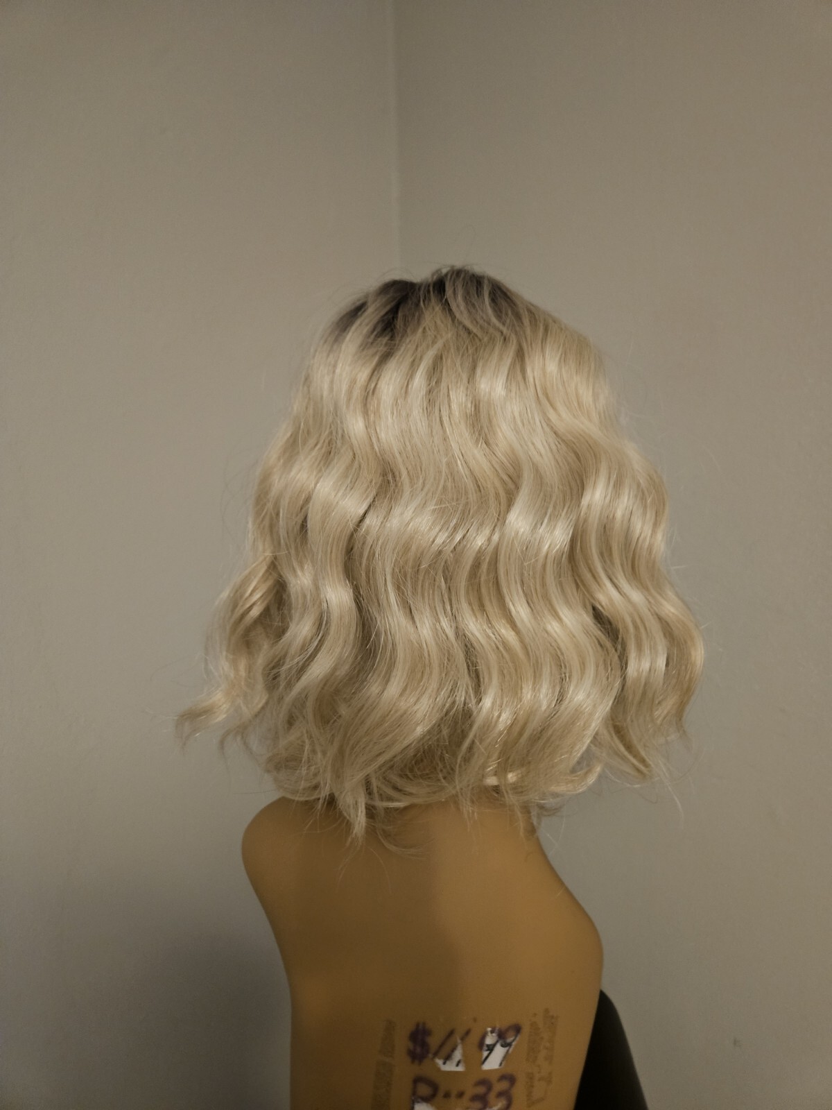 NEW BANGS SHORT WAVY MIXED ASH BLONDE HAIR WIG DARK ROOTS HIGHLIGHTS