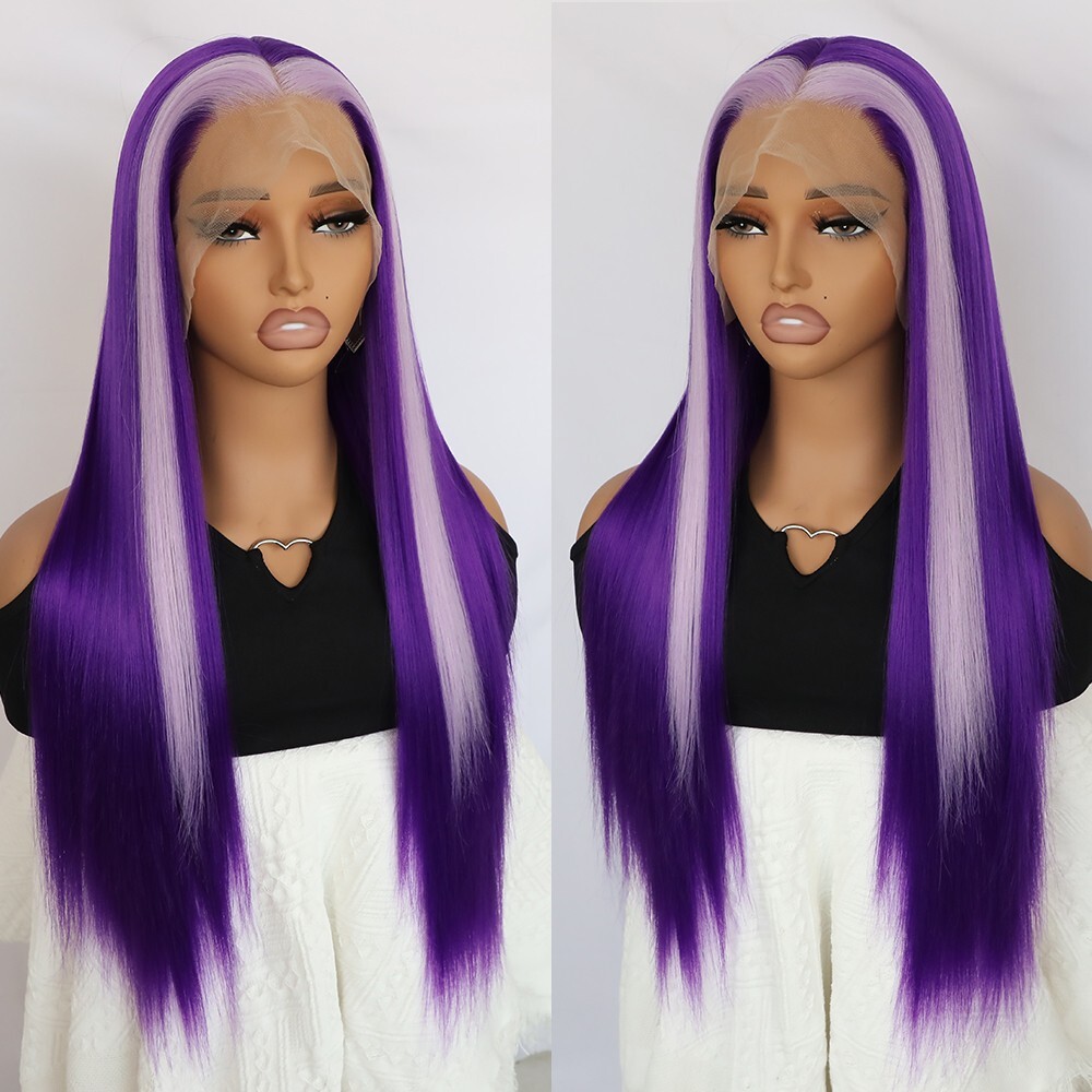 Long Straight Synthetic Lace Front Wigs Purple Hair Heat Resistant Women Party
