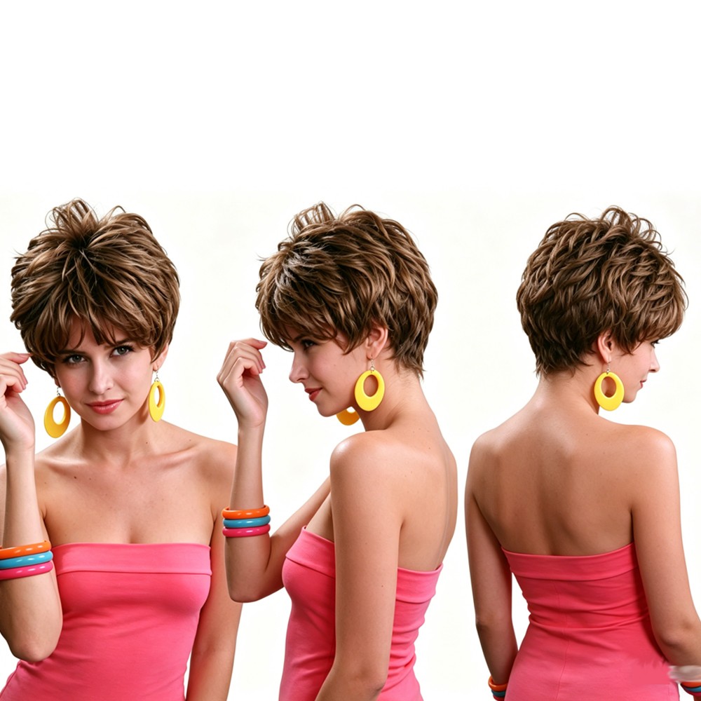 Women Short Layered Brown Synthetic Wig Hair Daily Casual Party Cosplay Wear