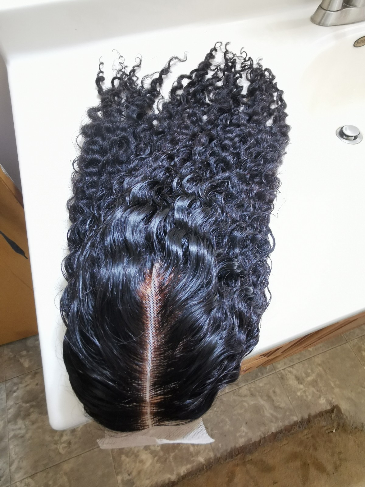 Quality Natural Black Curly Human Hair Glueless Deep Closure Wig 22″ Handmade