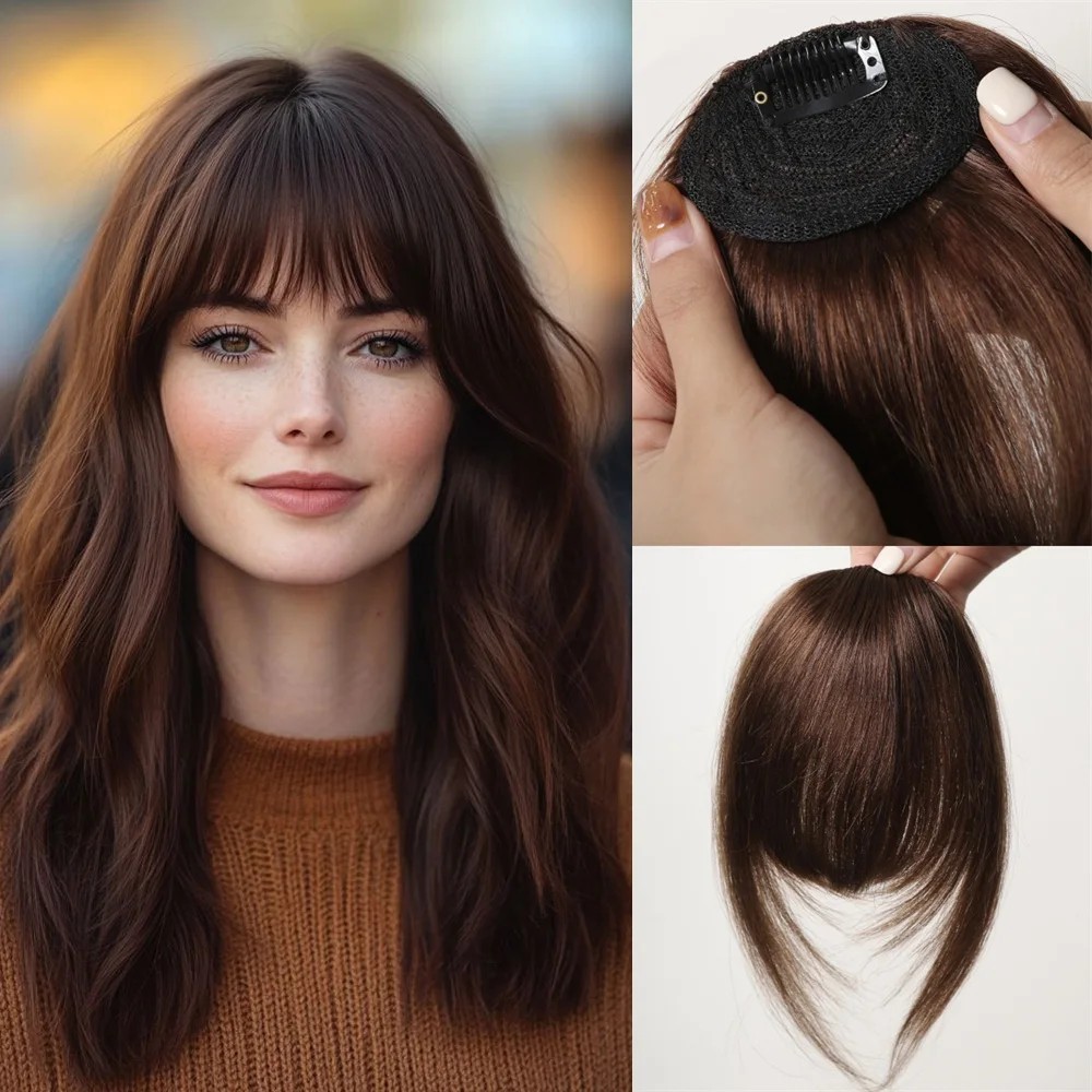 3 Inch Clip In Bangs Dark Brown 100% Human Hair Fringe with Temples Thick French
