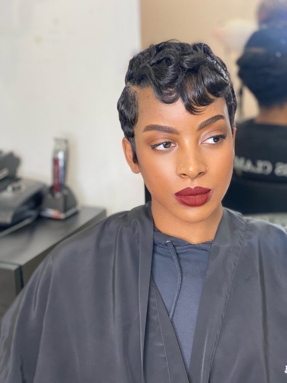 Black Short Pixie Cut Finger Wave Wig L Part 100% Human Hair Wigs for Women