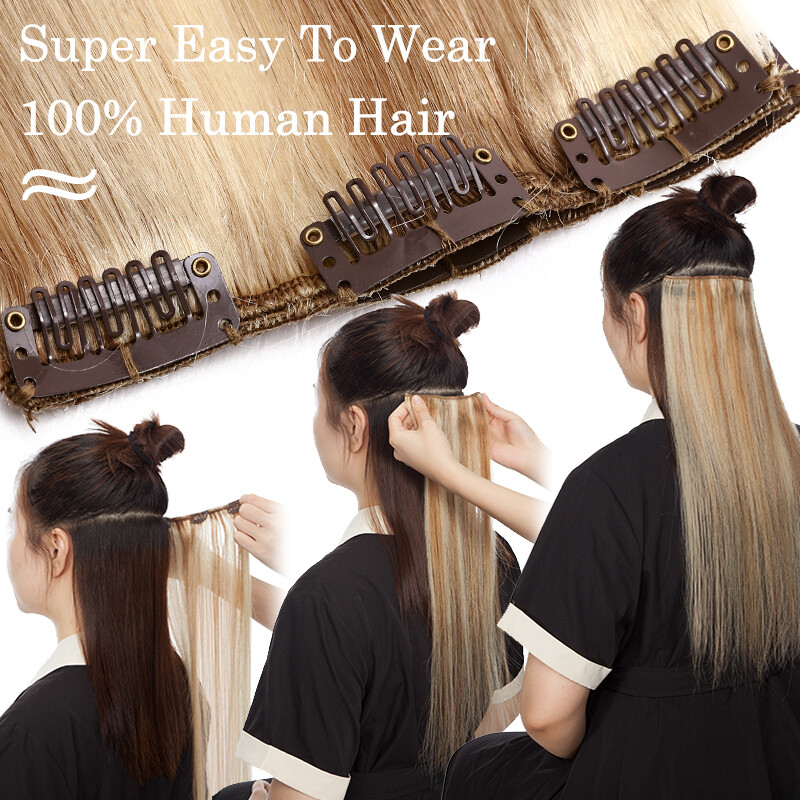 AAAA Bleach White Clip In Real Human Hair Extensions 8″-24″ 8PCS Full Head 100g