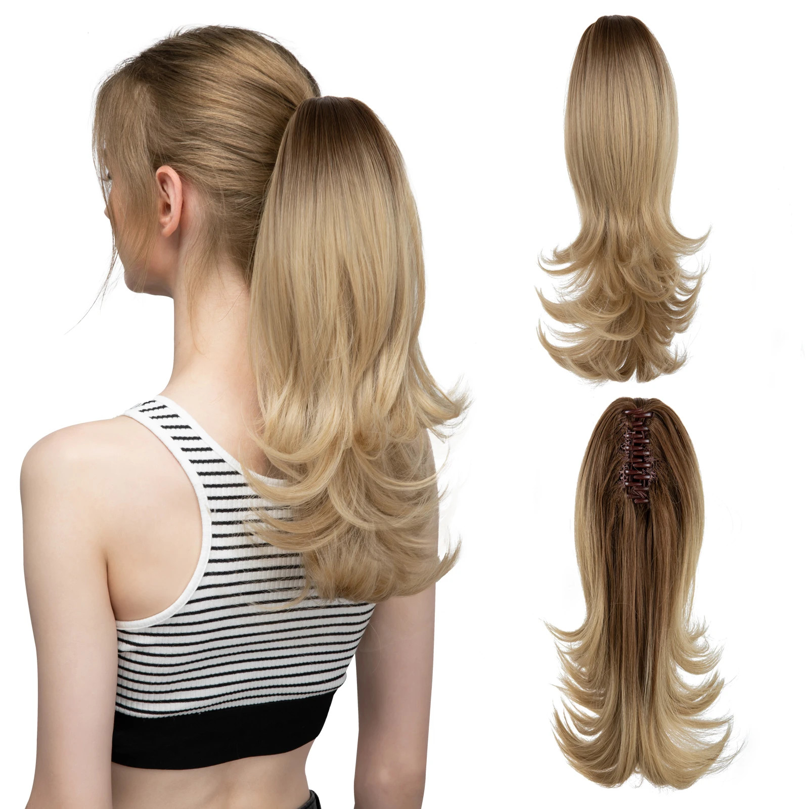 14 Inch Synthetic Claw Clip Ponytail Extensions Wavy Blonde Black Hair