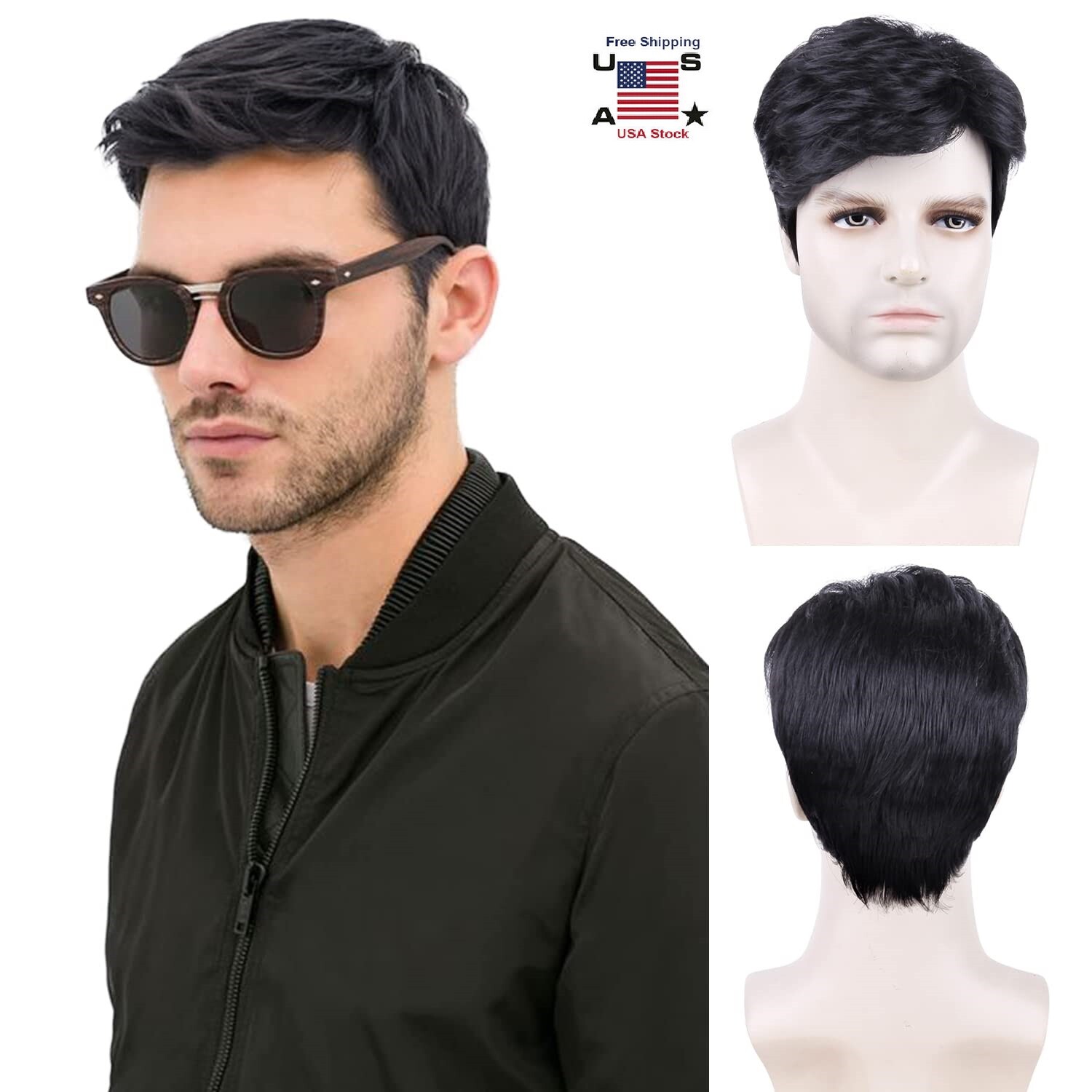 Men’s Black Men Wig Short Full Wigs Little Wavy Synthetic Straight Hair Daily US