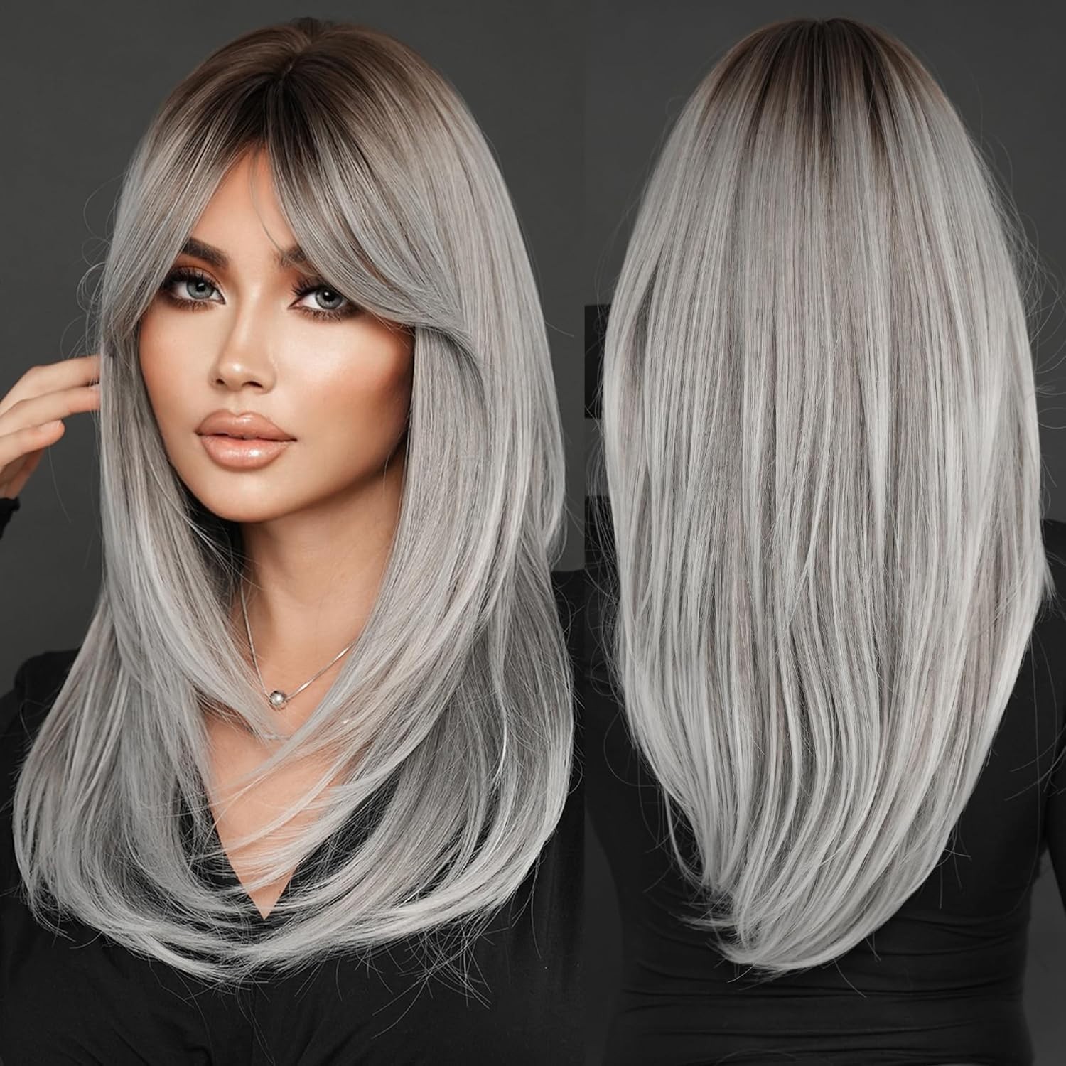 Ombre Gray Brown Tones Side Bangs Long Straight 25in Women Premium Hair Wig