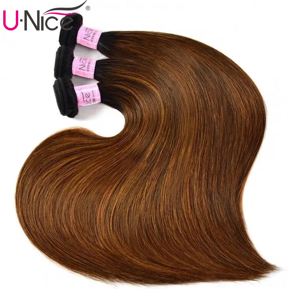 UNice Indian Ombre Brown Balayage Straight 3 Bundles Human Hair Weave Extensions