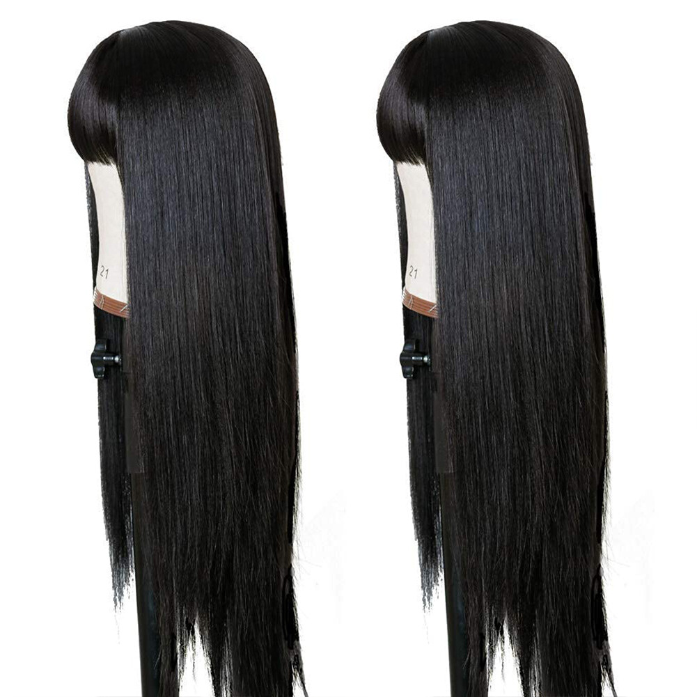 Heat Resistant Synthetic Hair None Lace Wigs Full Bangs Long Black Silk Straight