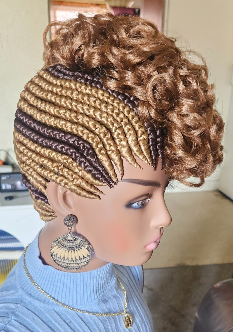Fully Hand Braided box curly Mohawk braids cornrow wig Brown/Dark brown