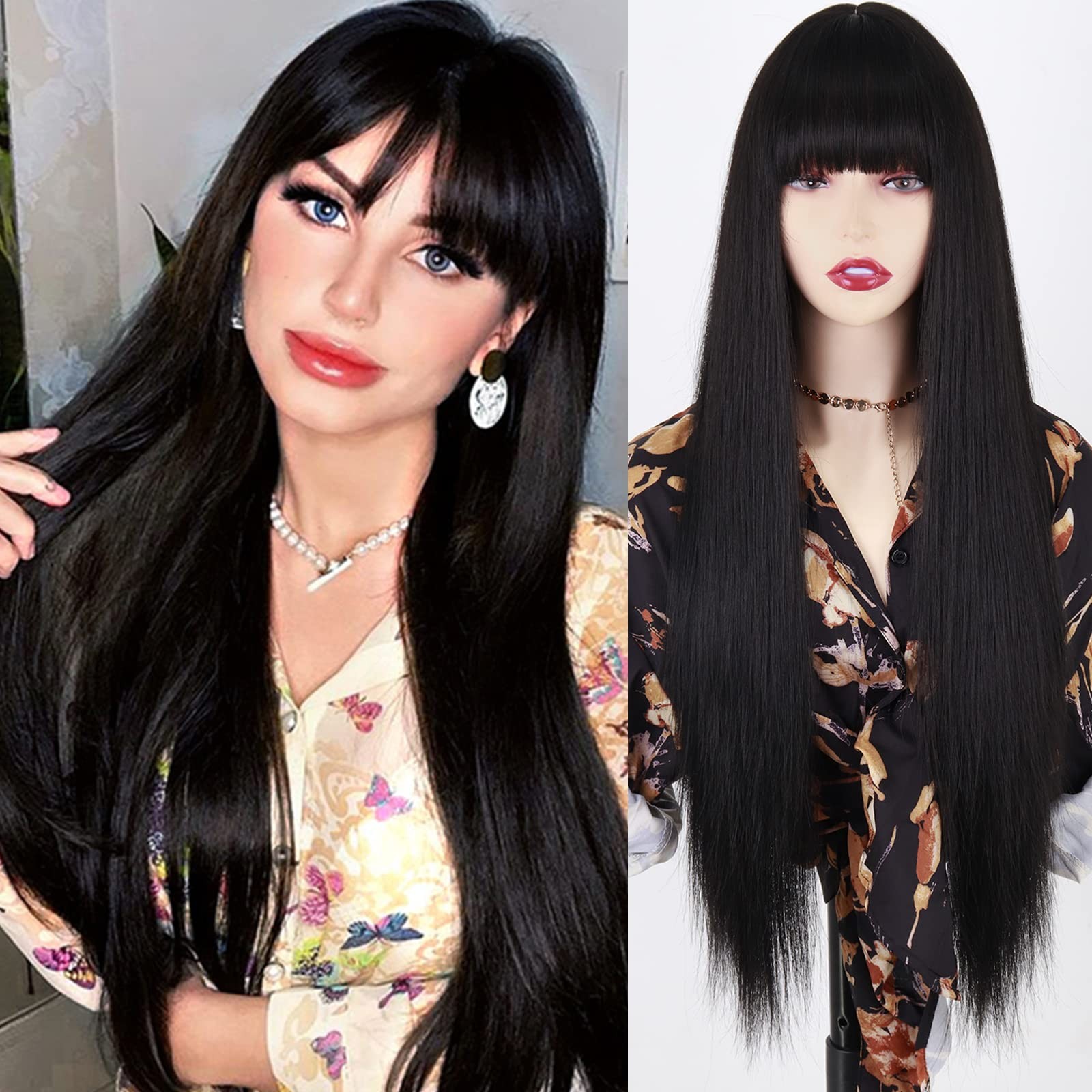 Long Black Wigs with Bangs, Straight Black Wigs for Women, Synthetic 30 Inch …