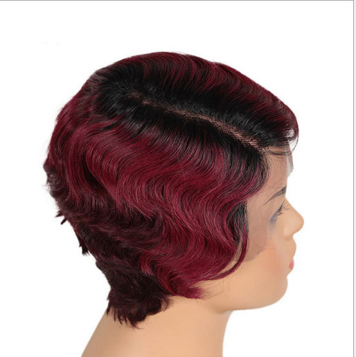 Pixie Cut Finger Wave Human Hair Wigs Lace T-Part Natural Looking Womans Wigs
