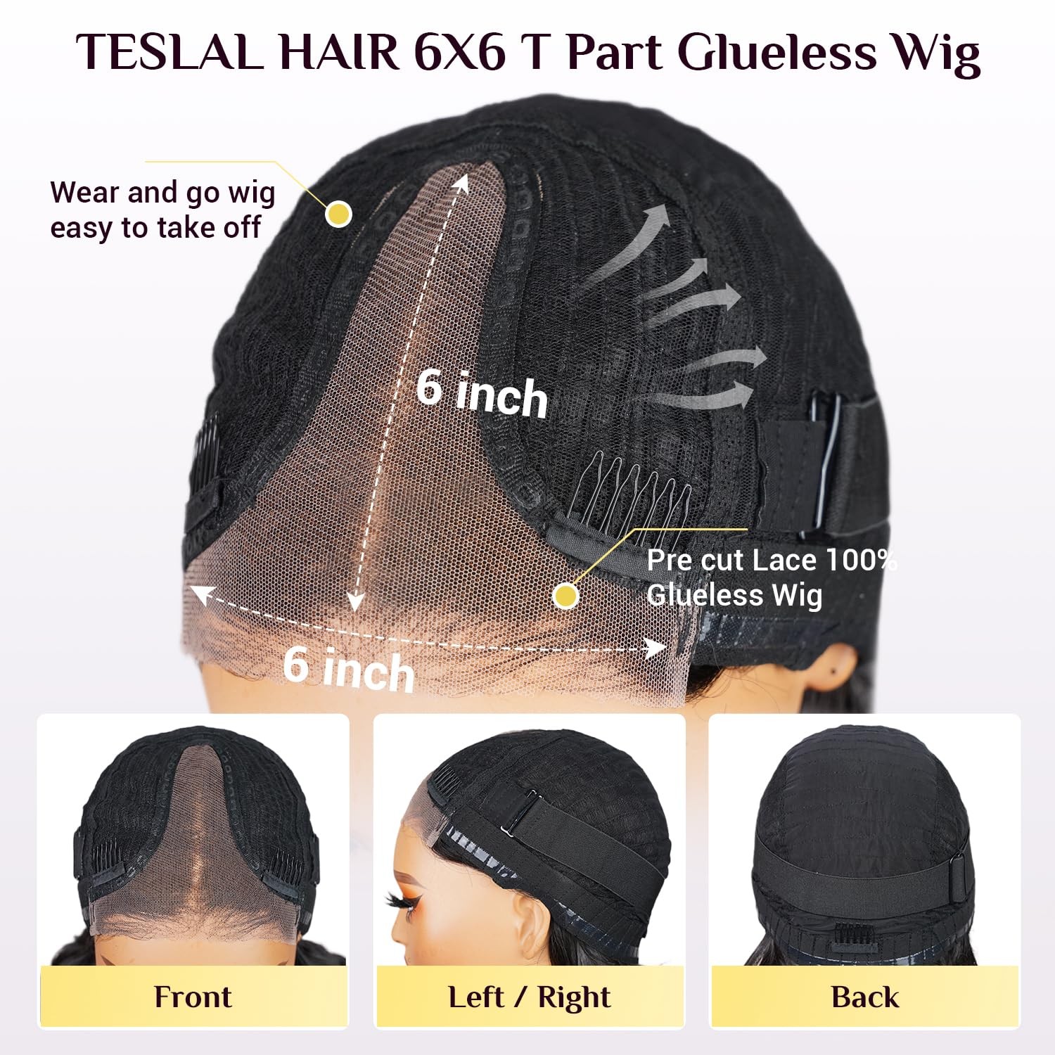 Teslal Black Pre Cut Lace Wear And Go Body Wave 6X6 Hd Lace Wigs 260 Density
