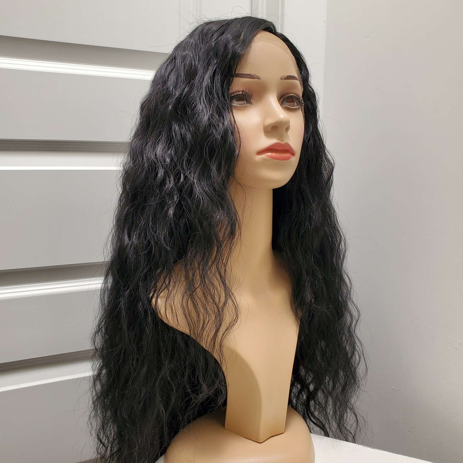 Good Quality Fashion Long Wavy Black Synthetic Lace Front Wig Size S to M