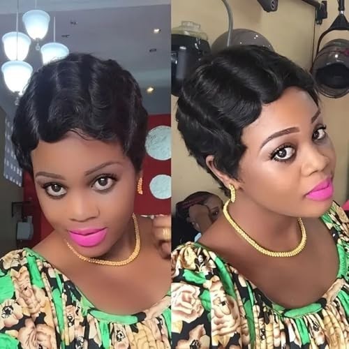 Short Pixie Cut Wig for Black Women – Human Hair Ocean Finger Wave, Glueless, Da