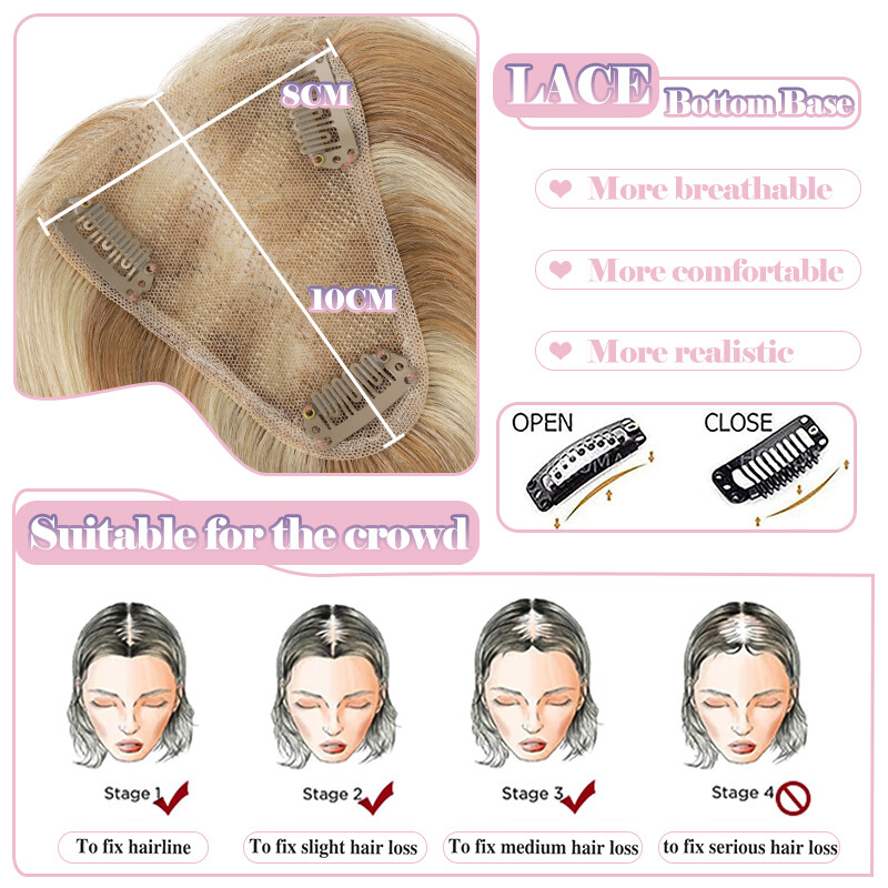 Clip in 100% Remy Human Hair Hand-Tied Top Lace Base Topper Hairpiece 8cm*10cm